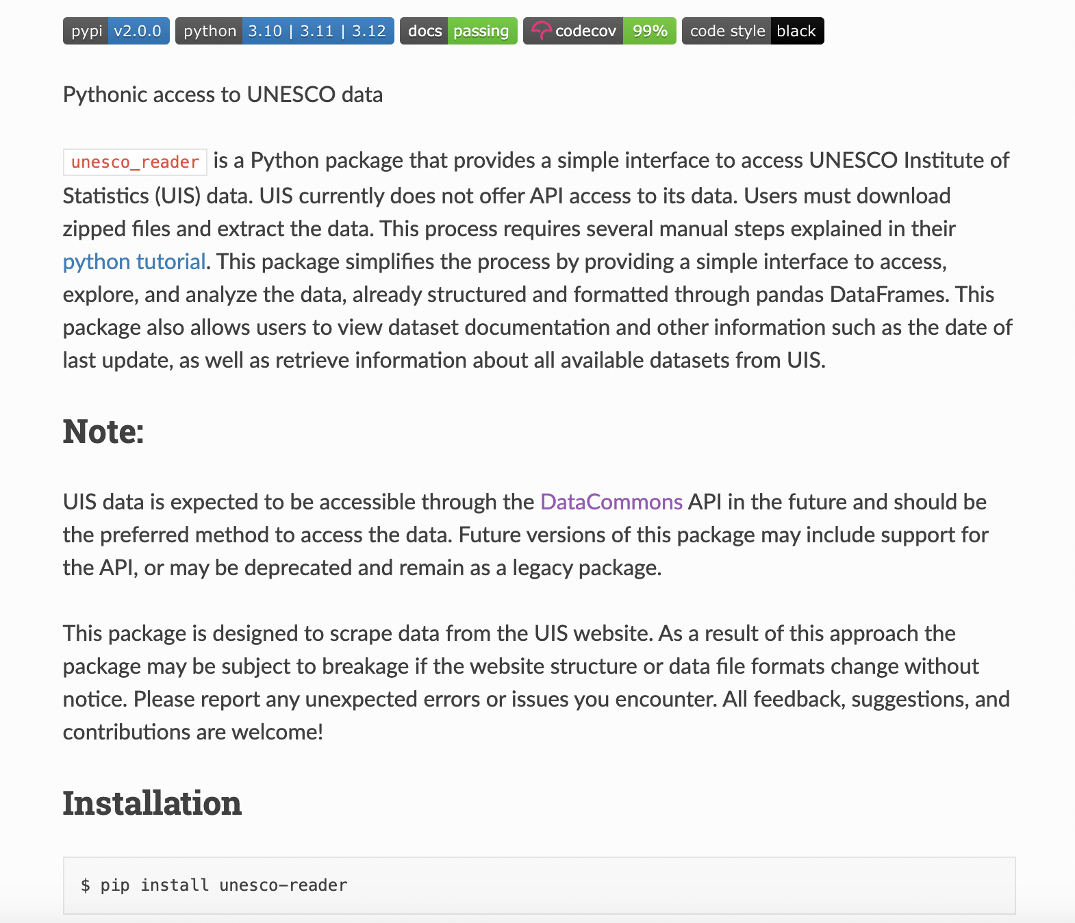 screenshot of the python package documentation